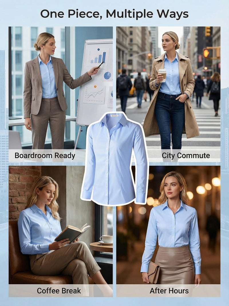 Beninos Womens Dress Shirts Long Sleeve Button Down Shirt Work Wear (225 Light Blue, M) - Image 5